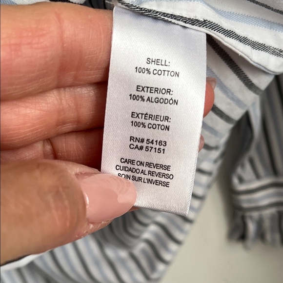 KARL LAGERFIELD Black and White Blue Striped Ruffle Button Down Shirt, Size M - Picture 6 of 10